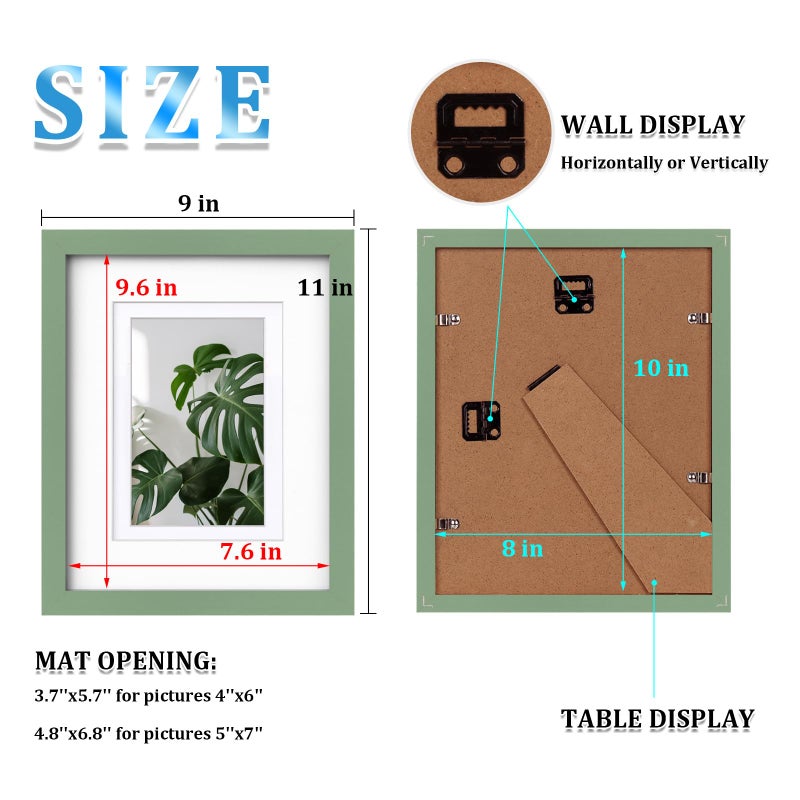 Egofine 8x10 إطارات الصور 4pcs مصنوعة من شاشة الخشب الصلبة 4x6 و 5x7 مع حصيرة مغطاة بملفات زجاجية لعرض أعلى الجدول وإطار صورة تصاعد الجدار الأخضر - Image 3