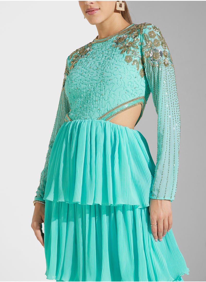Virgos Lounge - Embellished Puff Sleeve Ruffled Dress - Image 1