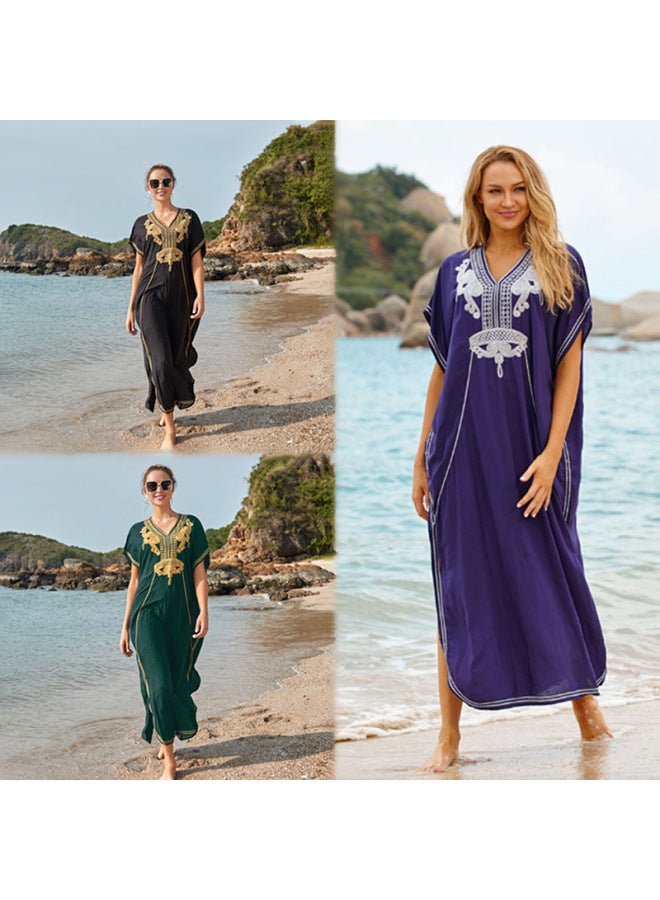 And Beach Blouse Cotton Embroidered Beach Skirt Seaside Holiday Bikini Swimsuit Women's Sunscreen Shirt-Color:D.Green- - Image 2