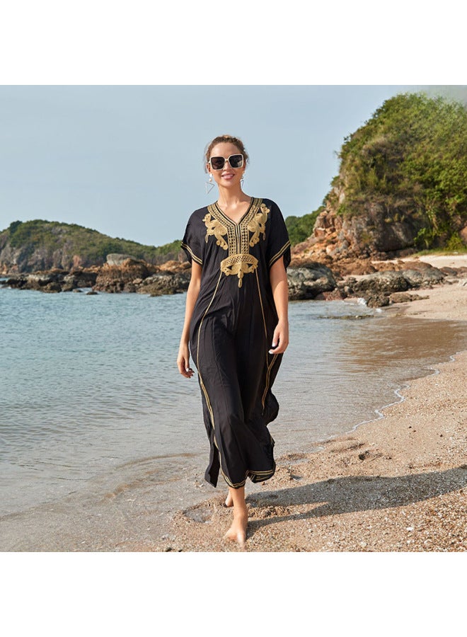 And Beach Blouse Cotton Embroidered Beach Skirt Seaside Holiday Bikini Swimsuit Women's Sunscreen Shirt-Color:D.Green- - Image 3