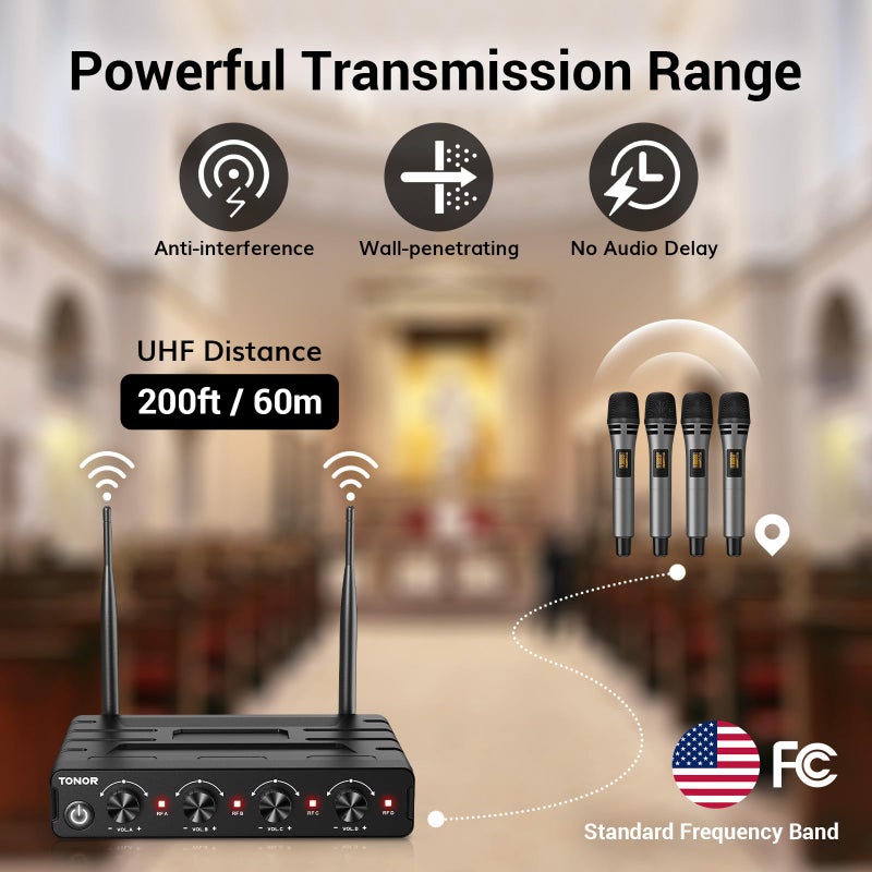 TONOR Wireless Microphones System with 4x10 Channels Cordless Handheld Microfono Inalambrico, 200FT UHF Range, Mics with Stable Signal Transmission for Karaoke Singing Party Church Wedding PA Speaker - Image 3