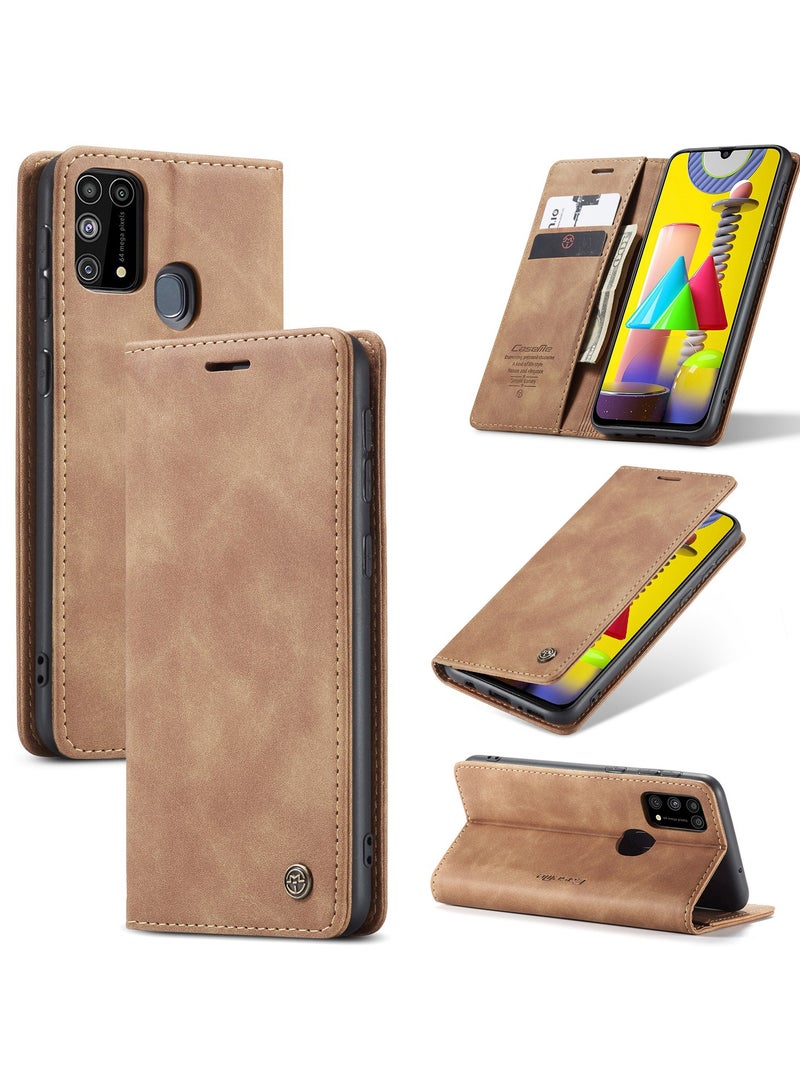 جراب هاتف متوافق مع سامسونج جالاكسي ام 31 / ام 21 اس ، واقي من الجلد مقاوم للخدش ، وفتحات للبطاقات ، وجيب نقود ، بني - Image 1