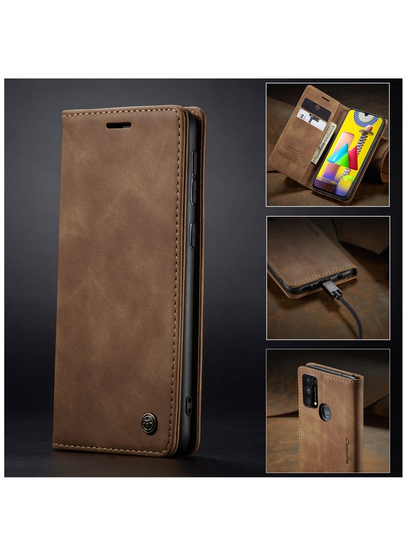 جراب هاتف متوافق مع سامسونج جالاكسي ام 31 / ام 21 اس ، واقي من الجلد مقاوم للخدش ، وفتحات للبطاقات ، وجيب نقود ، بني - Image 4