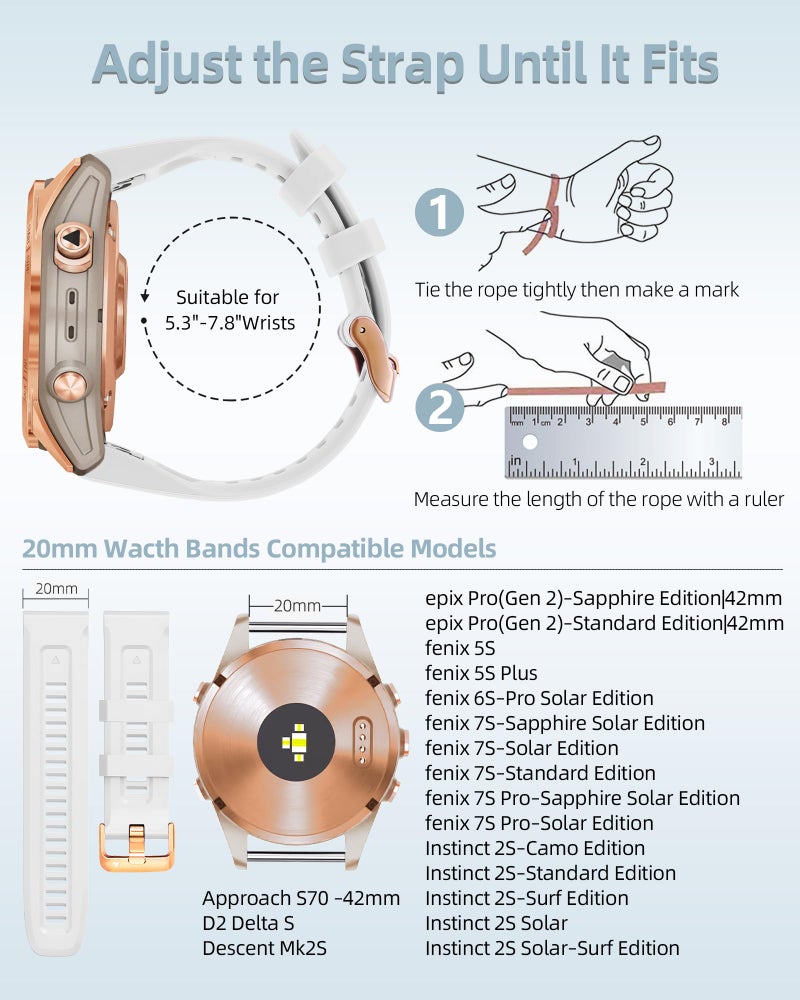 OUTVI 20mm Watch Band for Garmin fenix 5s fenix 6s fenix 7s pro soft silicone with Rose Gold buckle quick fit 20 bands Replacement for garmin epix pro gen 2 42mm long strap women White - Image 4
