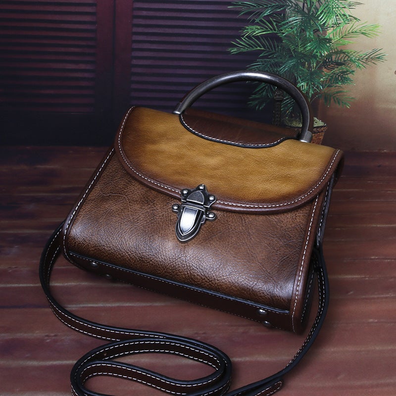 2023 New First Layer Cowhide Mini Bag Artificial Color Retro Style Chinese Style Shoulder Crossbody Bag For Women - Image 5