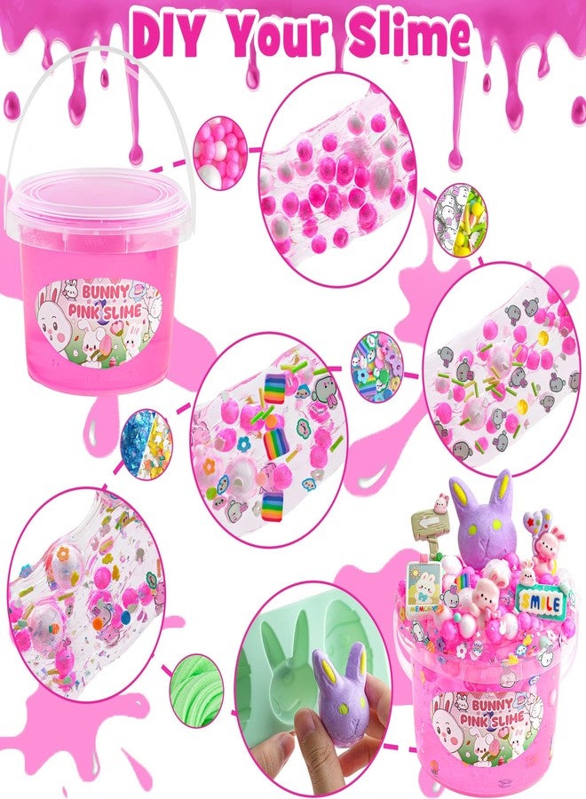 LAWOHO 300ml Bunny Slime Kit, Pink Clear Slimes for Kids Party Favors with 10 Add-Ins, Non Stick Slimes with Easter Eggs Clay, Easter Basket Stuffers for Kids Birthday Christmas, Pink Slime Making Kit - Image 4
