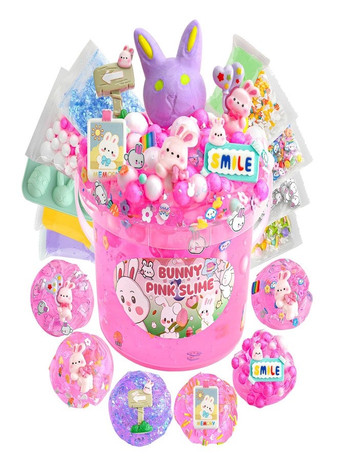 LAWOHO 300ml Bunny Slime Kit, Pink Clear Slimes for Kids Party Favors with 10 Add-Ins, Non Stick Slimes with Easter Eggs Clay, Easter Basket Stuffers for Kids Birthday Christmas, Pink Slime Making Kit - Image 1