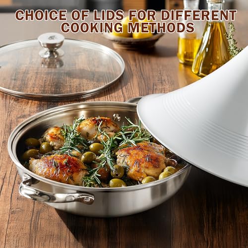 DM Tagine Pot, 11 Inch 3.6 Quart Moroccan Clay Tagine Pot Alternative, Multi-Ply Clad Stainless Steel, Traditional Cooking Pot with Die-Cast Aluminum White Conical Lid and Stainless Steel Knob - Image 5