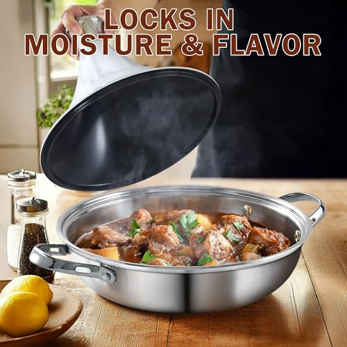 DM Tagine Pot, 11 Inch 3.6 Quart Moroccan Clay Tagine Pot Alternative, Multi-Ply Clad Stainless Steel, Traditional Cooking Pot with Die-Cast Aluminum White Conical Lid and Stainless Steel Knob - Image 4