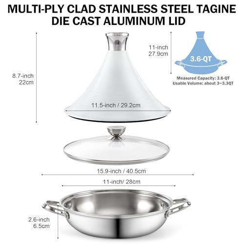 DM Tagine Pot, 11 Inch 3.6 Quart Moroccan Clay Tagine Pot Alternative, Multi-Ply Clad Stainless Steel, Traditional Cooking Pot with Die-Cast Aluminum White Conical Lid and Stainless Steel Knob - Image 2