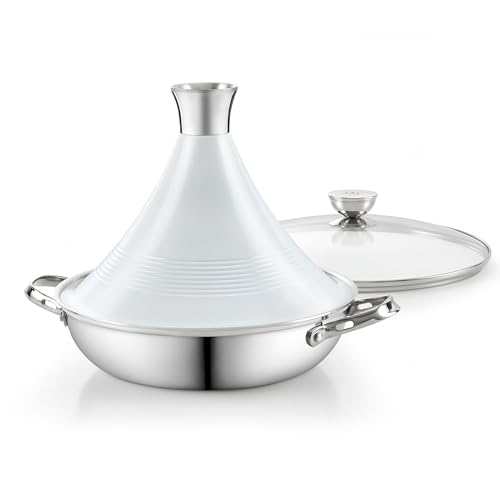 DM Tagine Pot, 11 Inch 3.6 Quart Moroccan Clay Tagine Pot Alternative, Multi-Ply Clad Stainless Steel, Traditional Cooking Pot with Die-Cast Aluminum White Conical Lid and Stainless Steel Knob - Image 1