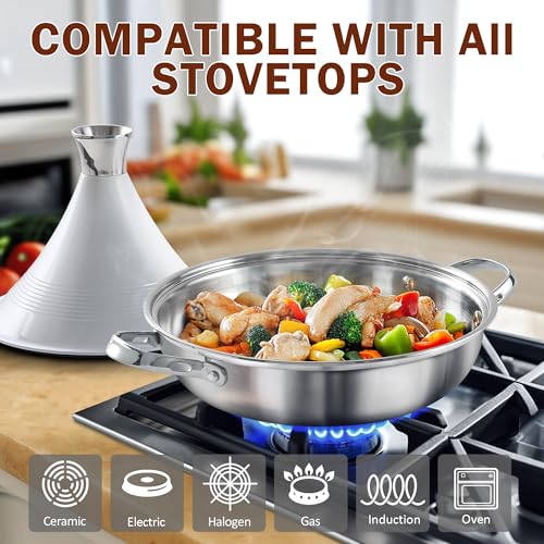 DM Tagine Pot, 11 Inch 3.6 Quart Moroccan Clay Tagine Pot Alternative, Multi-Ply Clad Stainless Steel, Traditional Cooking Pot with Die-Cast Aluminum White Conical Lid and Stainless Steel Knob - Image 3