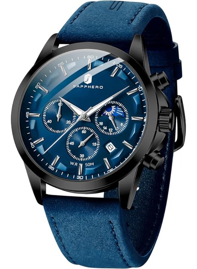 Sapphero Mens Watches Multifunction Chronograph Date Quartz Watch for Men Brown Leather Band Analog Wrist Watch Gift for Men Casual Business - Image 1
