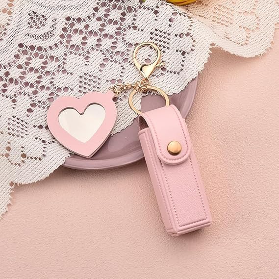 Feelon Feelon Women Lipstick Holder Keychain with Mirror Soft PU Leather Portable Chapstick Holder Lipstick Pouch with Metal Key Ring for Trave Party Gift Pink Free  - Image 5