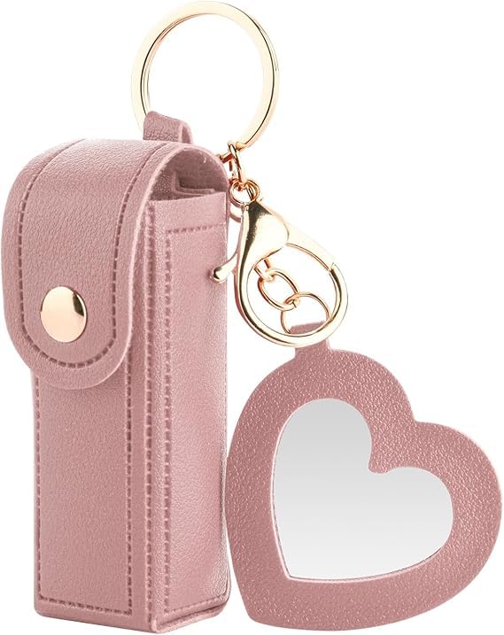 Feelon Feelon Women Lipstick Holder Keychain with Mirror Soft PU Leather Portable Chapstick Holder Lipstick Pouch with Metal Key Ring for Trave Party Gift Pink Free  - Image 1