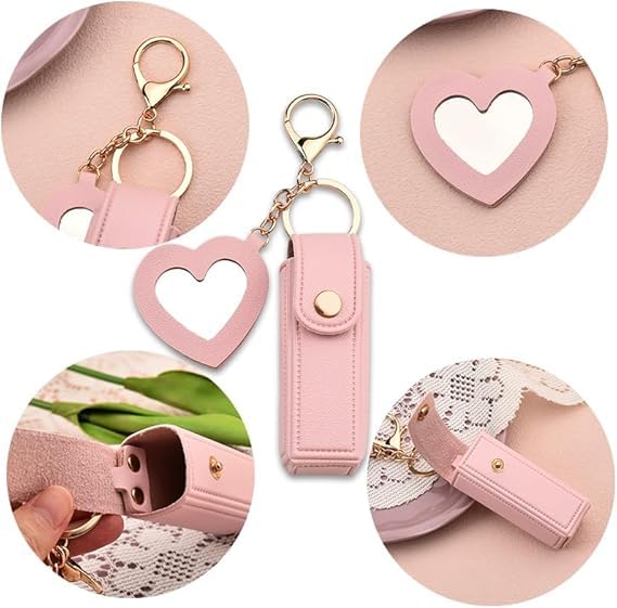 Feelon Feelon Women Lipstick Holder Keychain with Mirror Soft PU Leather Portable Chapstick Holder Lipstick Pouch with Metal Key Ring for Trave Party Gift Pink Free  - Image 3