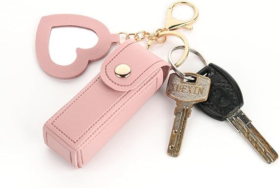 Feelon Feelon Women Lipstick Holder Keychain with Mirror Soft PU Leather Portable Chapstick Holder Lipstick Pouch with Metal Key Ring for Trave Party Gift Pink Free  - Image 2