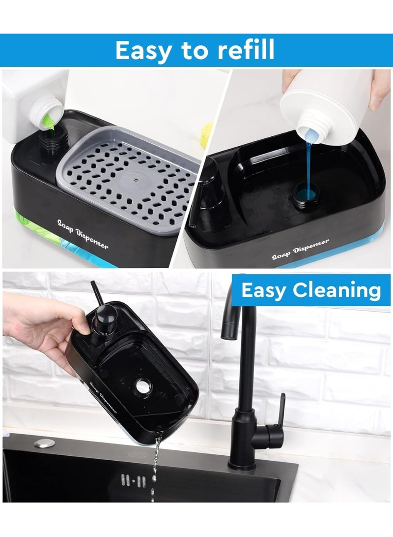مجموعة موزع صابون اليدين والأطباق للمطبخ، موزع صابون مزدوج مع حامل إسفنجي، موزع مضخة صابون 3 في 1 لحوض المطبخ، أدوات مطبخ مفيدة - أسود - Image 5