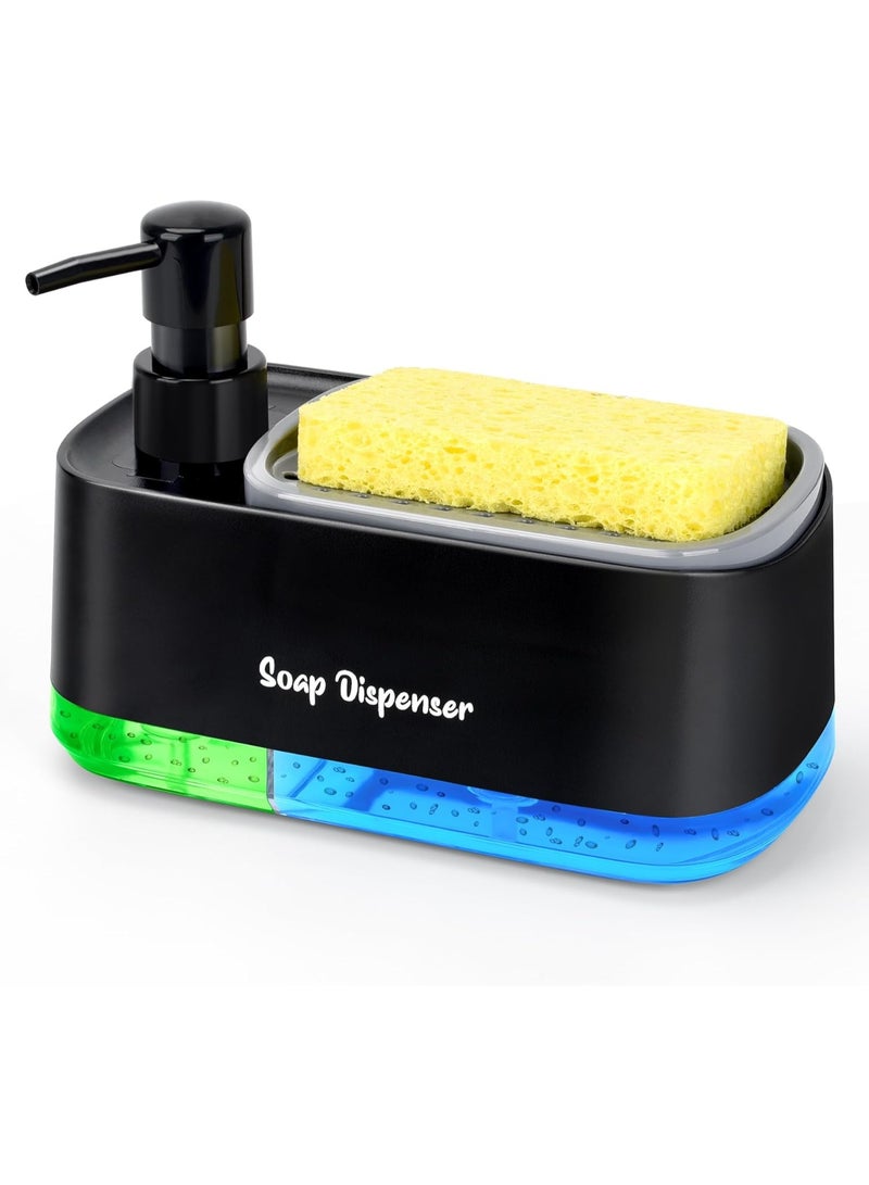 مجموعة موزع صابون اليدين والأطباق للمطبخ، موزع صابون مزدوج مع حامل إسفنجي، موزع مضخة صابون 3 في 1 لحوض المطبخ، أدوات مطبخ مفيدة - أسود - Image 1