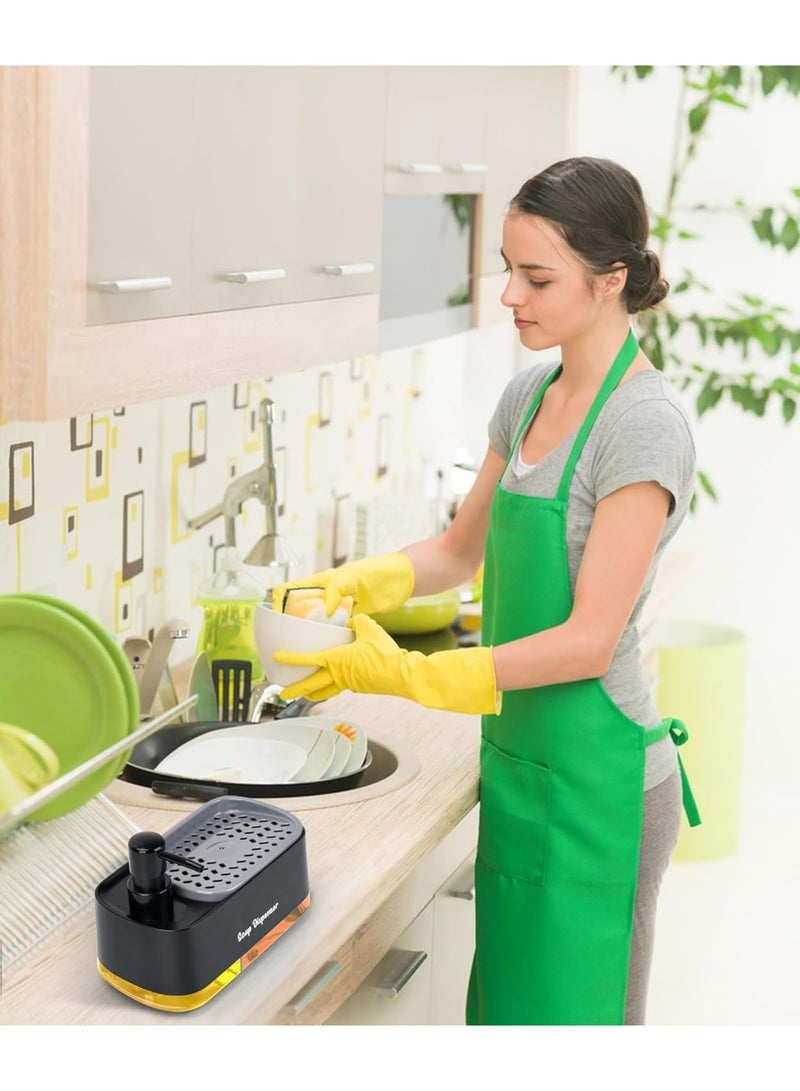 مجموعة موزع صابون اليدين والأطباق للمطبخ، موزع صابون مزدوج مع حامل إسفنجي، موزع مضخة صابون 3 في 1 لحوض المطبخ، أدوات مطبخ مفيدة - أسود - Image 2