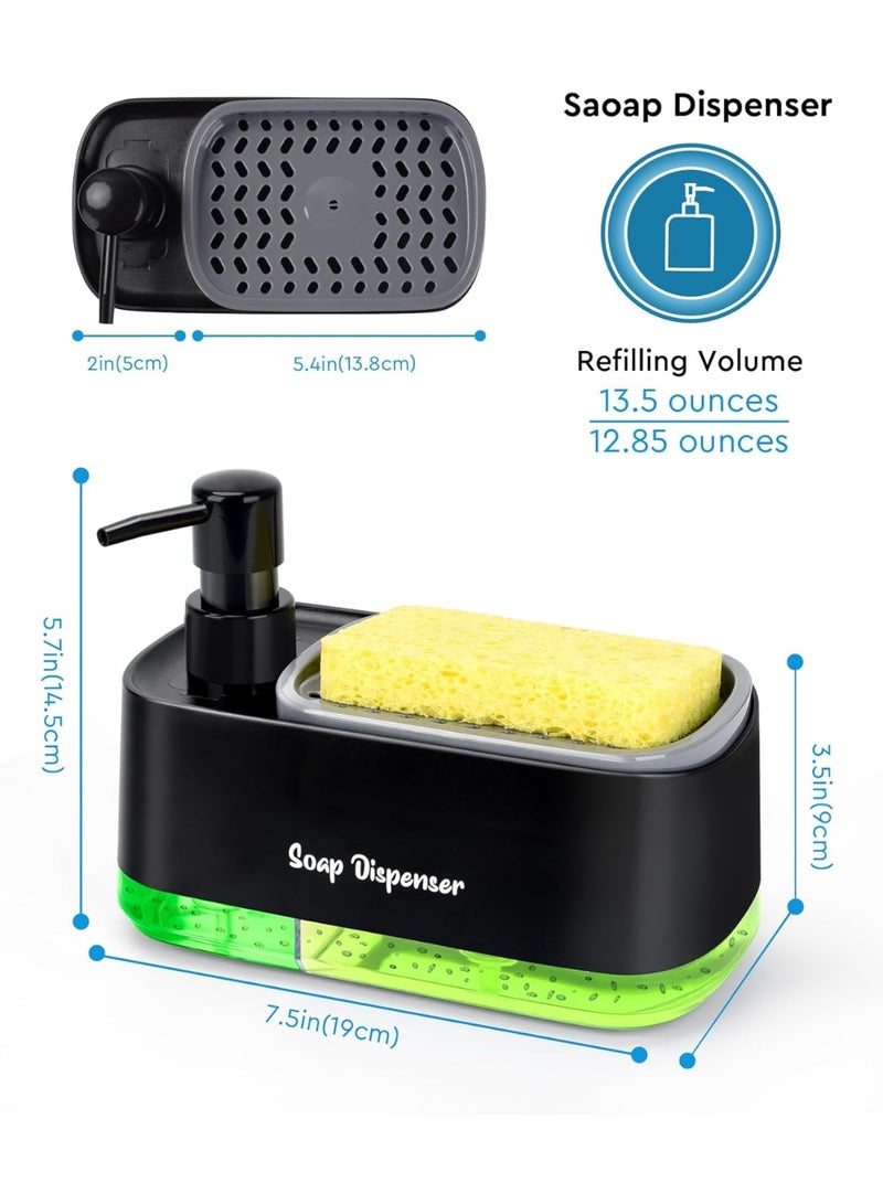 مجموعة موزع صابون اليدين والأطباق للمطبخ، موزع صابون مزدوج مع حامل إسفنجي، موزع مضخة صابون 3 في 1 لحوض المطبخ، أدوات مطبخ مفيدة - أسود - Image 3