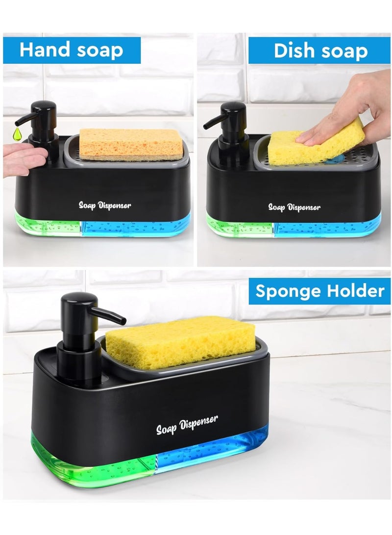 مجموعة موزع صابون اليدين والأطباق للمطبخ، موزع صابون مزدوج مع حامل إسفنجي، موزع مضخة صابون 3 في 1 لحوض المطبخ، أدوات مطبخ مفيدة - أسود - Image 4