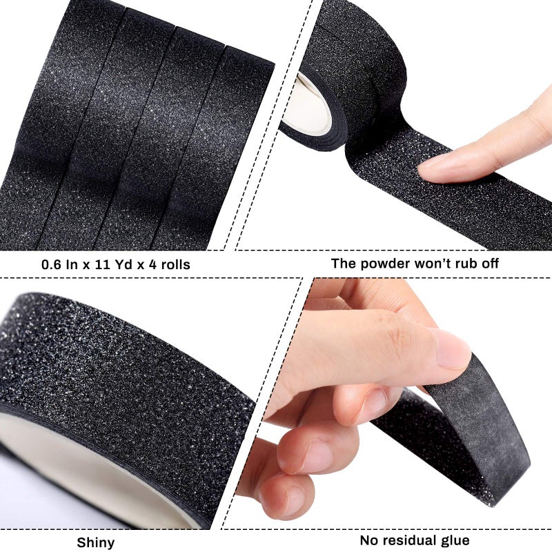Zonon 4 Rolls 0.6 Inch x 11 Yards Glitter Washi Tape Crafting Glitter Masking Tape for Festival Decoration Scrapbooking  Journal  Planner  Gift Wrapping(Black) - Image 3