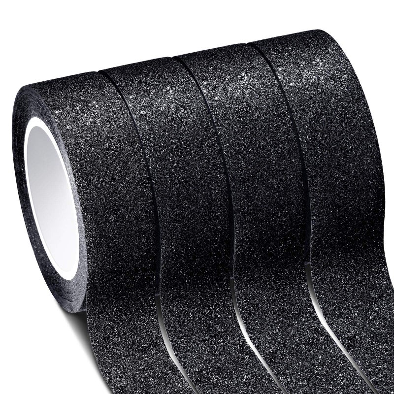 Zonon 4 Rolls 0.6 Inch x 11 Yards Glitter Washi Tape Crafting Glitter Masking Tape for Festival Decoration Scrapbooking  Journal  Planner  Gift Wrapping(Black) - Image 1