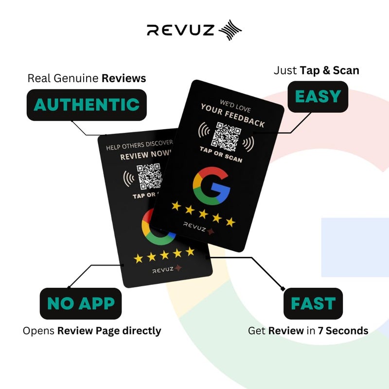 REVUZ Review Card Black – Equipped with NFC Chip and QR Code, Instant Activation with Your Business Page Link, Tap or Scan to Access, Standard Size (86x54mm) (8) - Image 3