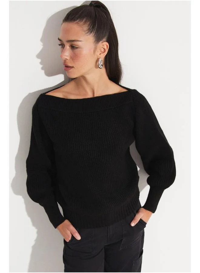 جون June Women Boat Neck Knitwear Sweater Black