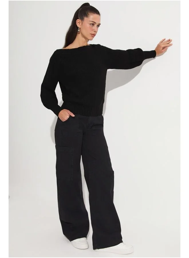 جون June Women Boat Neck Knitwear Sweater Black