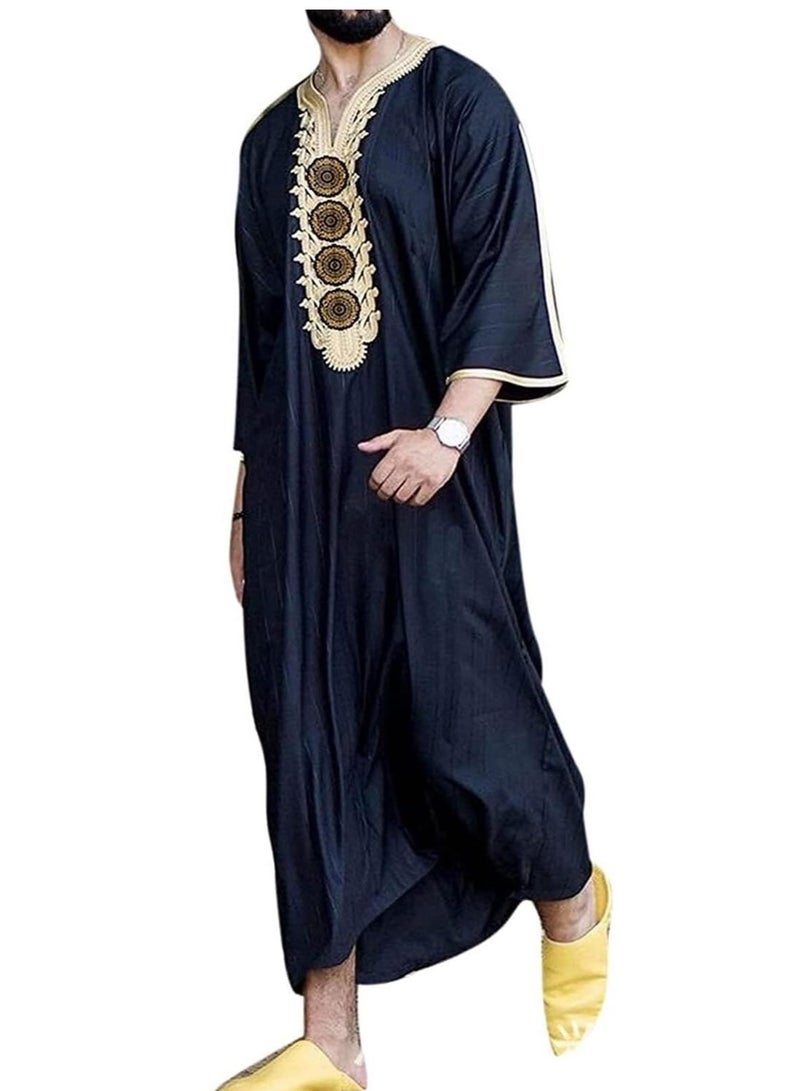 NIBEMINENT عباءة رجال مسلمة مطرزة بطول متوسط للعبادة، عباءة تراثية، عباءة مسلمة، عباءة عربية، ملابس عربية، ملابس رسمية، ملابس خارجية أنيقة - Image 1