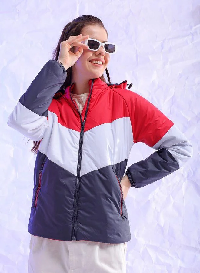 مرفوعة Women Regular Fit Colourblocked Puffer Jacket
