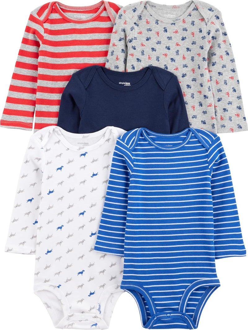 Carter's Simple Joys Baby Boys' Long-Sleeve Bodysuit, Pack of 5, Blue/Red/Grey, 6-9 Months - Image 1