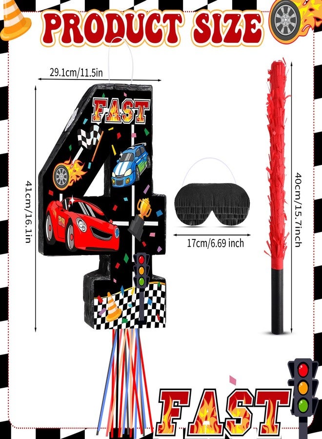 Harrycle Race Car Piñata Pull String Cars Piñatas for Birthday Party Decorations Number 2 3 4 5 6 with Blindfold Stick Small Red Black Racing Theme 2nd 3rd 4th 5th 6th Party Supplies(Number 4) - Image 3