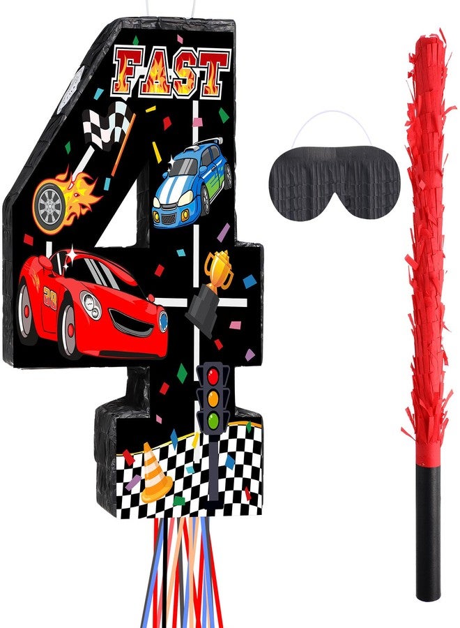 Harrycle Race Car Piñata Pull String Cars Piñatas for Birthday Party Decorations Number 2 3 4 5 6 with Blindfold Stick Small Red Black Racing Theme 2nd 3rd 4th 5th 6th Party Supplies(Number 4) - Image 1