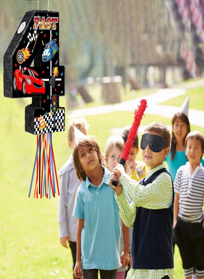 Harrycle Race Car Piñata Pull String Cars Piñatas for Birthday Party Decorations Number 2 3 4 5 6 with Blindfold Stick Small Red Black Racing Theme 2nd 3rd 4th 5th 6th Party Supplies(Number 4) - Image 5