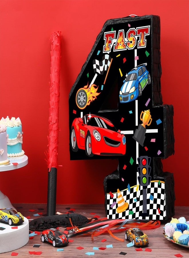 Harrycle Race Car Piñata Pull String Cars Piñatas for Birthday Party Decorations Number 2 3 4 5 6 with Blindfold Stick Small Red Black Racing Theme 2nd 3rd 4th 5th 6th Party Supplies(Number 4) - Image 4
