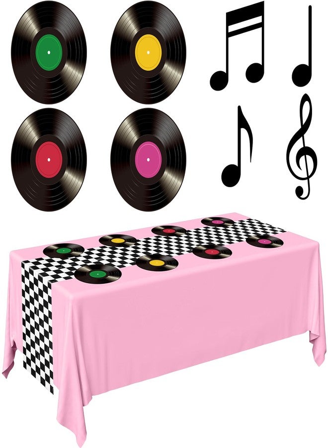 اودين مستلزمات وديكورات حفلات الخمسينيات من أودين، مستلزمات حفلات أعياد الميلاد بطابع السيارات، مفارش ورقية بتصميم أسطوانات فينيل عتيقة، مفرش طاولة بتصميم سباق، مفرش طاولة طويل، قصاصات لافتات موسيقية لتزيين المطاعم (وردي) - Image 1