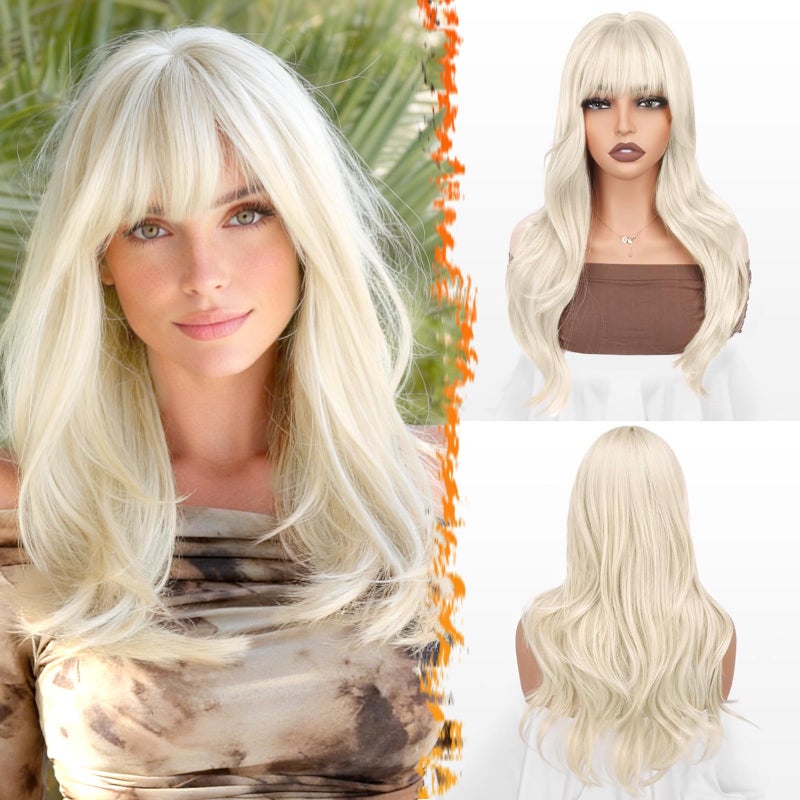 BARSDAR Platinum Blonde Layered Wig with Bangs - 20 Inch Platinum Blonde Layered Wig with Bangs for Women - Natural Looking Soft Wave Synthetic Straight Layers Fringe Daily Party Halloween - Image 1