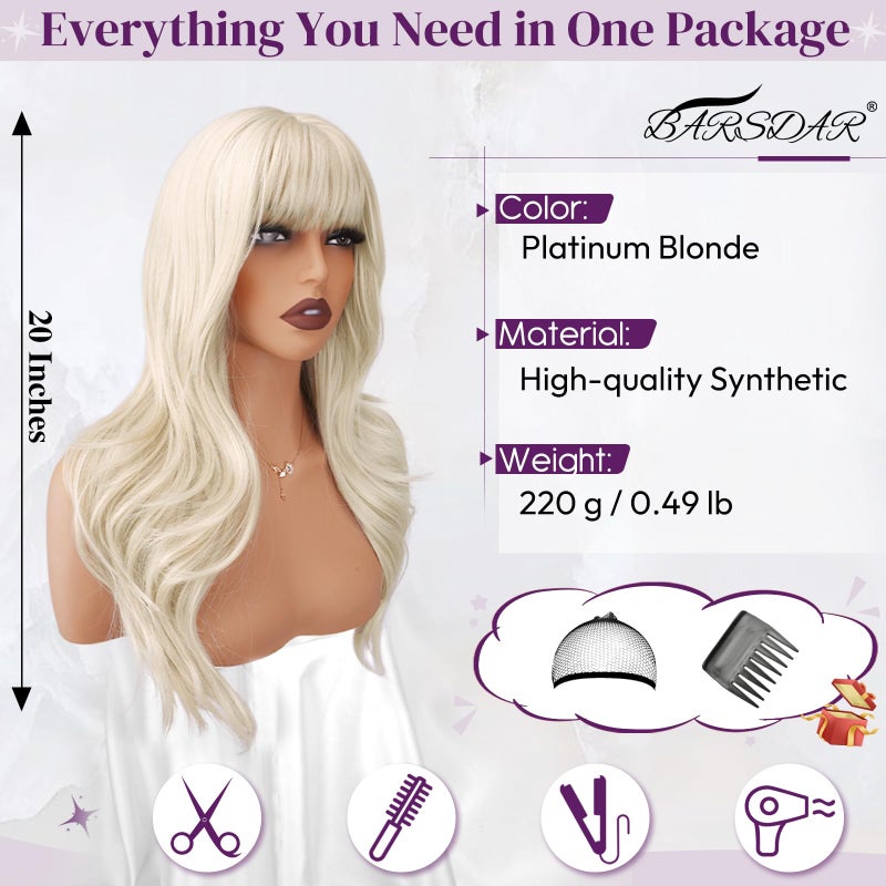 BARSDAR Platinum Blonde Layered Wig with Bangs - 20 Inch Platinum Blonde Layered Wig with Bangs for Women - Natural Looking Soft Wave Synthetic Straight Layers Fringe Daily Party Halloween - Image 2