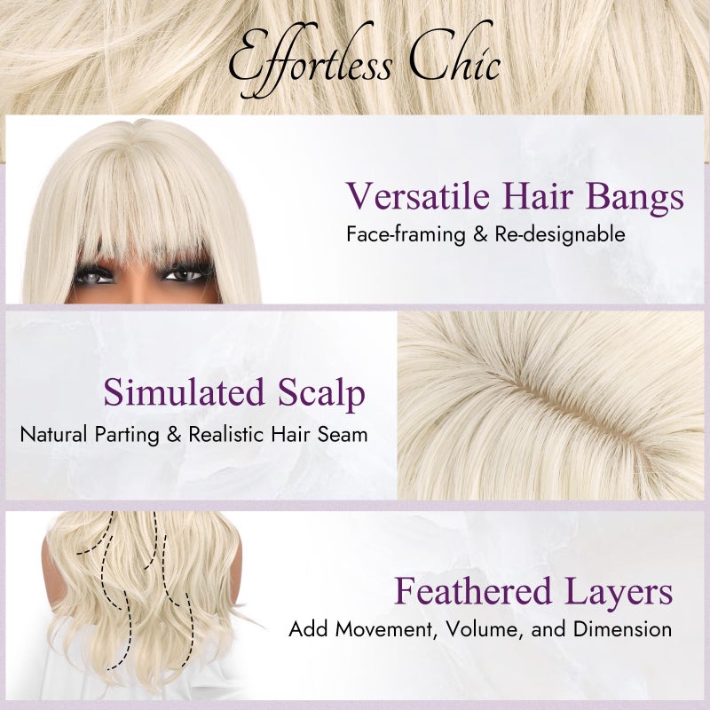 BARSDAR Platinum Blonde Layered Wig with Bangs - 20 Inch Platinum Blonde Layered Wig with Bangs for Women - Natural Looking Soft Wave Synthetic Straight Layers Fringe Daily Party Halloween - Image 3