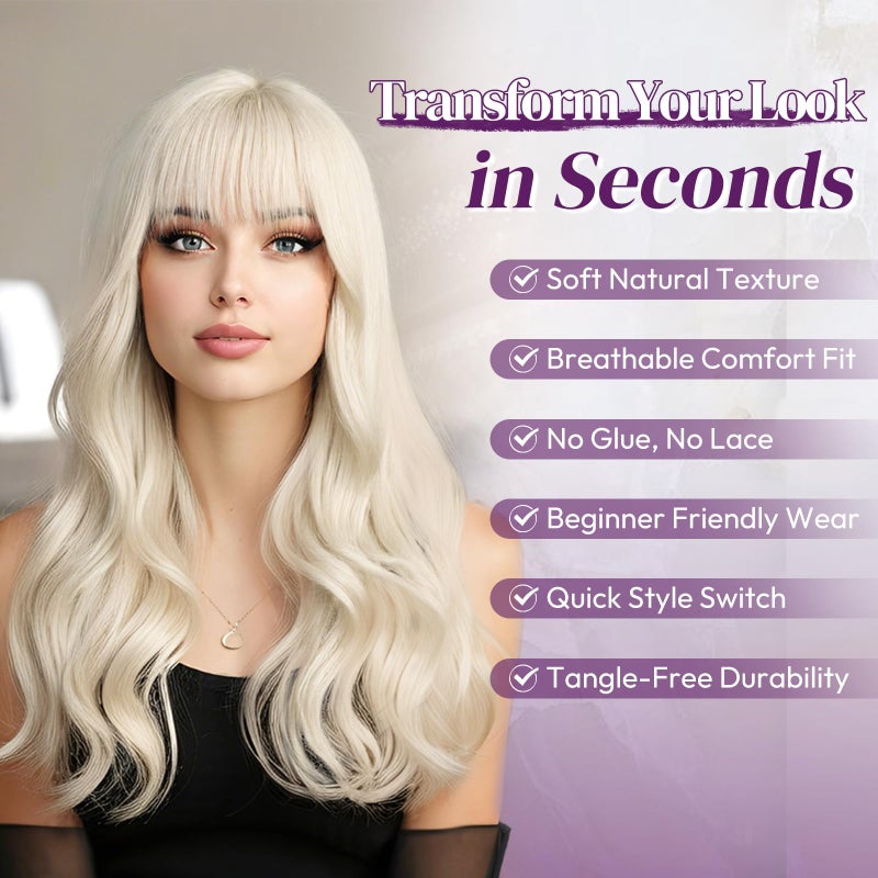 BARSDAR Platinum Blonde Layered Wig with Bangs - 20 Inch Platinum Blonde Layered Wig with Bangs for Women - Natural Looking Soft Wave Synthetic Straight Layers Fringe Daily Party Halloween - Image 4