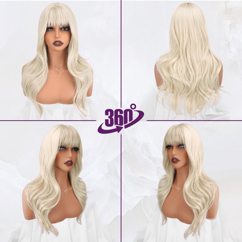 BARSDAR Platinum Blonde Layered Wig with Bangs - 20 Inch Platinum Blonde Layered Wig with Bangs for Women - Natural Looking Soft Wave Synthetic Straight Layers Fringe Daily Party Halloween - Image 5
