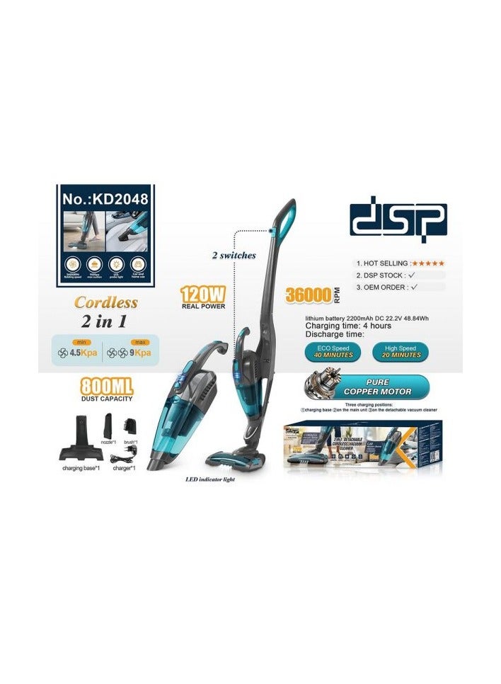 DSP KD2048 2-in-1 Cordless Detachable Vacuum Cleaner – 120W Pure Copper Motor, 36000 RPM, 800ML Dust Tank, LED Light, Dual Speed, Car & Home Use – Blue/Black - Image 2