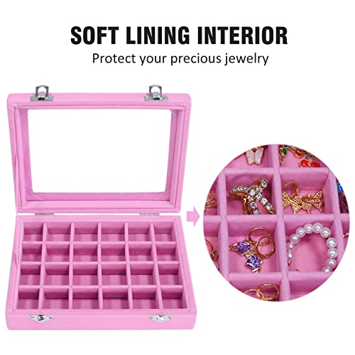 Vicoter Velvet Jewelry Box 24 Grid Jewelry Ring Display Organiser Box Tray Holder Earrings Storage Case for Girls Wife Mom Women (Pink) - Image 3