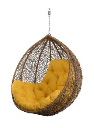 OUTAREA OUTAREA Rattan Wicker Wrought Iron Hanging Single Seater Swing Chair with Cushions for Adults Jhula GardenBalcony PatioIndoorPorchYardOutdoor Furniture Golden_Yellow 