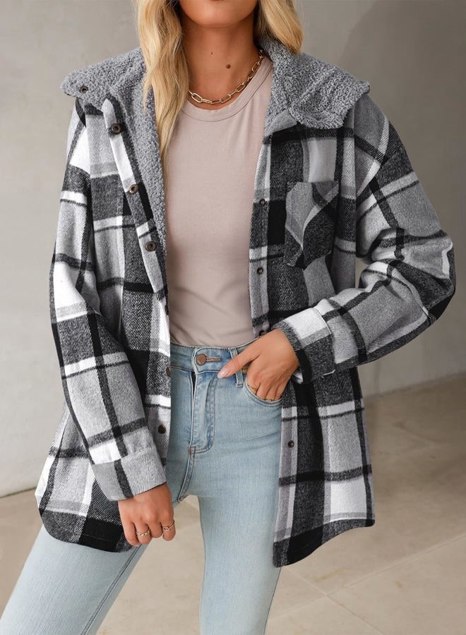 Dokotoo Women's Flannel Hooded Plaid 2025 Shacket Thick Coat Winter Coat for Warmth Button down Warm and Fuzzy Fleece Jacket, Black, L - Image 3