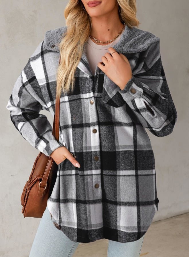 Dokotoo Women's Flannel Hooded Plaid 2025 Shacket Thick Coat Winter Coat for Warmth Button down Warm and Fuzzy Fleece Jacket, Black, L - Image 2