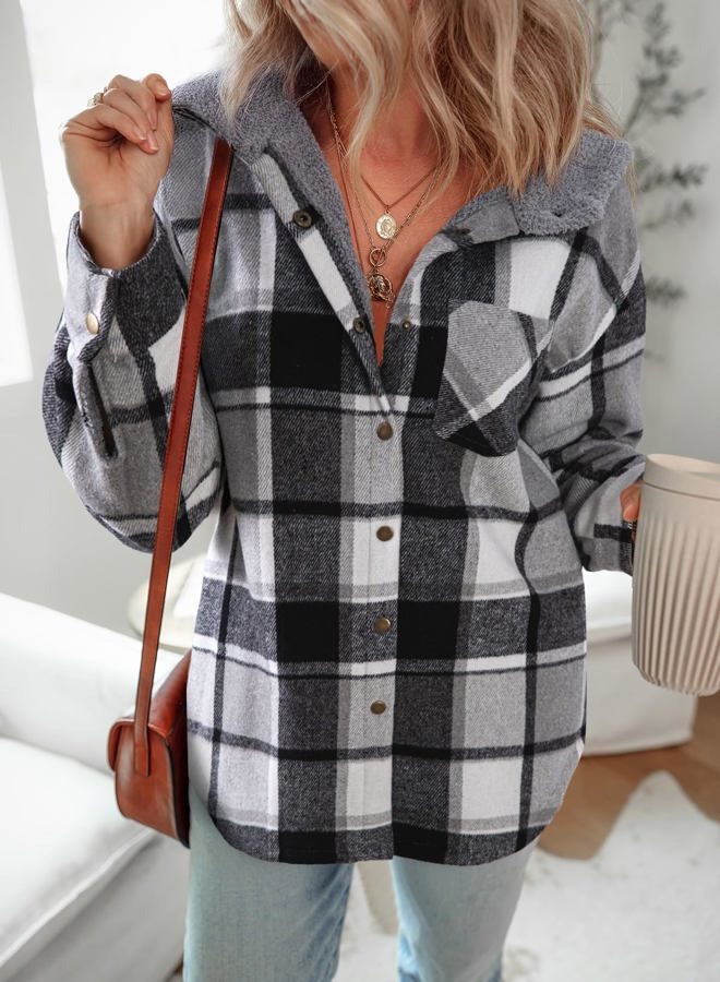 Dokotoo Women's Flannel Hooded Plaid 2025 Shacket Thick Coat Winter Coat for Warmth Button down Warm and Fuzzy Fleece Jacket, Black, L - Image 4
